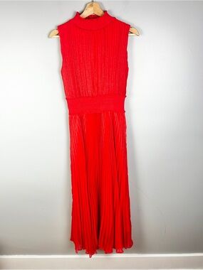 NANETTE LEPORE Pleated Mock Neck Midi Dress Sz 4 Orange-Red Wedding Guest Event
